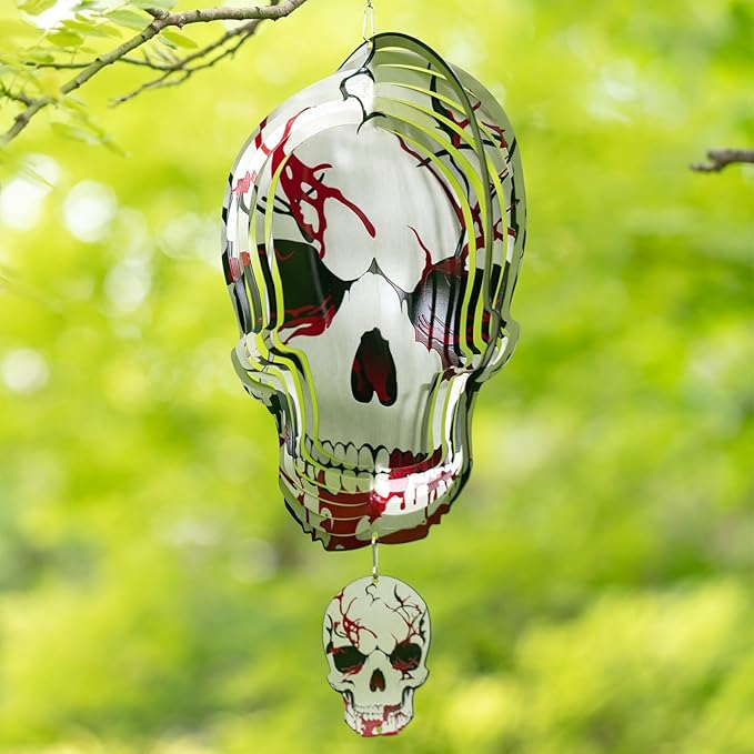 12inch Halloween Decoration Skull Wind Spinner Outdoor, 3D Kinetic Hanging Wind Sculpture, Stainless Steel Rustproof Garden Spinner Decor, Metal Yard Art, Unique Gift for Men, Holidays