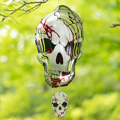 12inch Halloween Decoration Skull Wind Spinner Outdoor, 3D Kinetic Hanging Wind Sculpture, Stainless Steel Rustproof Garden Spinner Decor, Metal Yard Art, Unique Gift for Men, Holidays