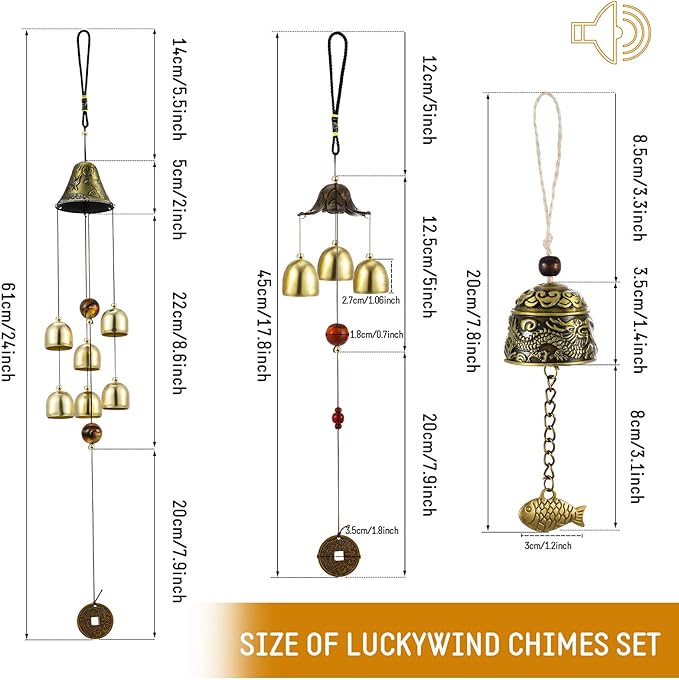 Jetec 3 Pcs Feng Shui Wind Chimes Chinese Bells Hanging Metal Bell Vintage Dragon Fish Feng Shui Chime and 3, 6 Bells Wind Chime for Good Luck Indoor Outdoor Temple Home Garden Decoration