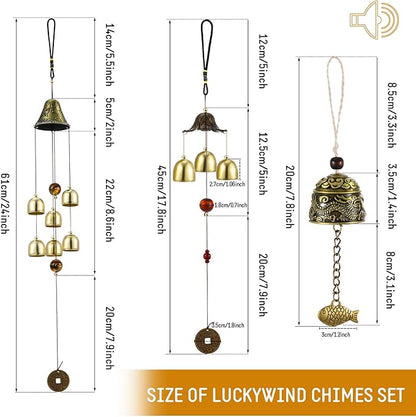 Jetec 3 Pcs Feng Shui Wind Chimes Chinese Bells Hanging Metal Bell Vintage Dragon Fish Feng Shui Chime and 3, 6 Bells Wind Chime for Good Luck Indoor Outdoor Temple Home Garden Decoration