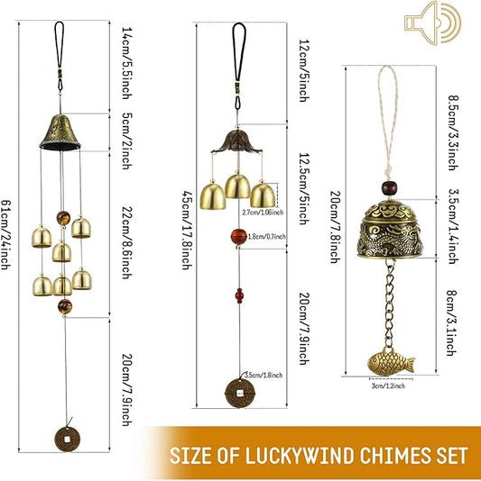 Jetec 3 Pcs Feng Shui Wind Chimes Chinese Bells Hanging Metal Bell Vintage Dragon Fish Feng Shui Chime and 3, 6 Bells Wind Chime for Good Luck Indoor Outdoor Temple Home Garden Decoration