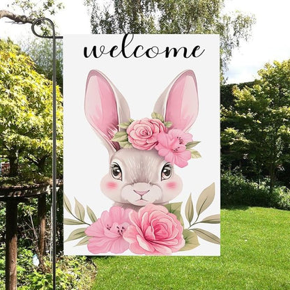 Gkyygk Garden Flag Welcome Cute Pink Rabbit Flowers Double Sided 12x18 Inch Banners Yard House Outside Outdoor Summer Decoration