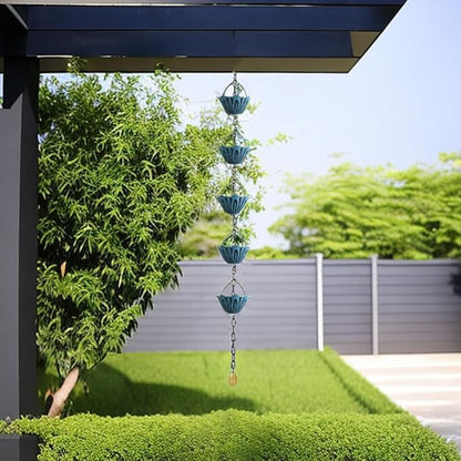Rain Chain Gutter Downspout Catcher Outside Water Diverter Decorative Garden Rain Cups Chime Home Decor (Blue)