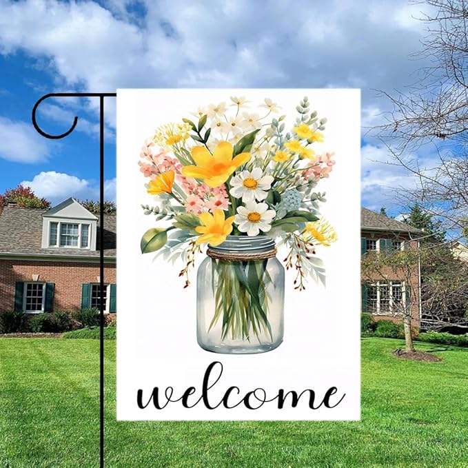 Gkyygk Welcome Flower Mason Garden Flag 12x18 Double Sided Banners Yard Flag Welcome Seasonal Farmhouse Yard Outside Decoration