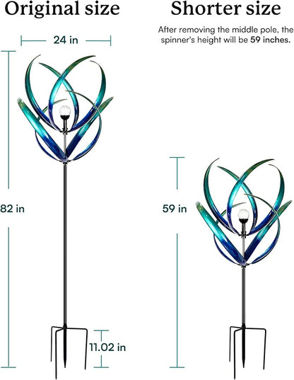 82 inch Wind Spinners Outdoor - Extra Large Outdoor Metal Wind Sculptures Spinners with Solar Light, Windmills for The Yard Garden, Yard Art Garden Lawn Decor - Peacock Blue