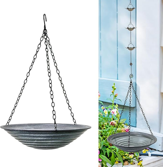 13 inch Rain Chain Basin, Metal Rain Chains Anchoring Bowl Dish, DIY Rain Chain Basin for Gutter Downspout, Hanging Birdbath for Outdoor Garden Patio Decor, Grey