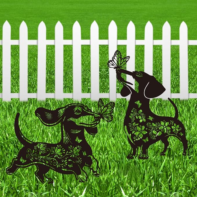 Dachshund Garden Stake Outdoor Yard Decor – Set of 2 Metal Sausage Dog Lawn Ornament, Cute Dog Lover Gift for Women Men, Weather-Resistant Dachshund Silhouette Statues Yard Art for Patio