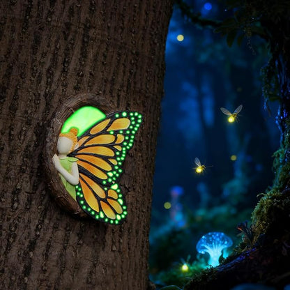 Fairy Out The Window Tree Hugger Garden Statue, Glow in The Dark Resin Fairy Figurine Wall Art Sculpture Outdoor Tree Faces Decor for Patio Lawn Yard Ornaments (Yellow)