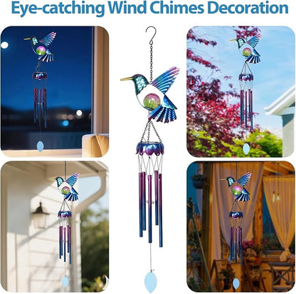 MUMTOP Solar Wind Chimes for Outside - Hummingbird with Crack Glass Ball Lights Wind Chimes Outdoor Unique, Windchimes Clearance for Garden, Patio,Yard Decor Gift