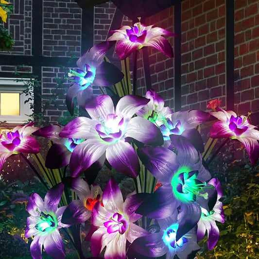 Solar Garden Lights Outdoor - Solar Flowers Lights Outdoor Decorative Waterproof, 40 Hour Coloring Changing Lily Flower Yard Pathway Light Solar Powered, Cemetery Decoration, Backyard Decor, 4pcs