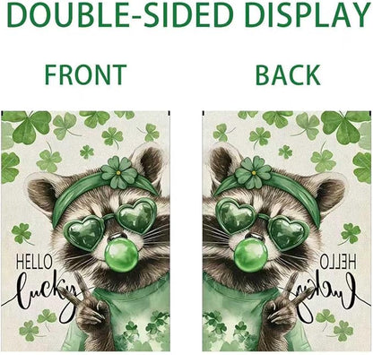 St. Patrick's Day Garden Flag, 12x18 Double Sided Raccoon Lucky Shamrock Garden Flags for Outside, St. Patrick's Day Decorations, Spring Seasonal Flags, Green Luck Clover Yard Flag for Outside Decor