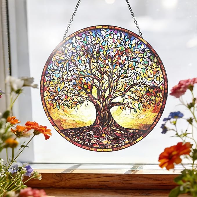 Stained Glass Window Hanging - Colorful Tree of Life Suncatcher with Metal Chain, Glass Panel Ornament for Home Window Wall Indoor Outdoor Decor Gift
