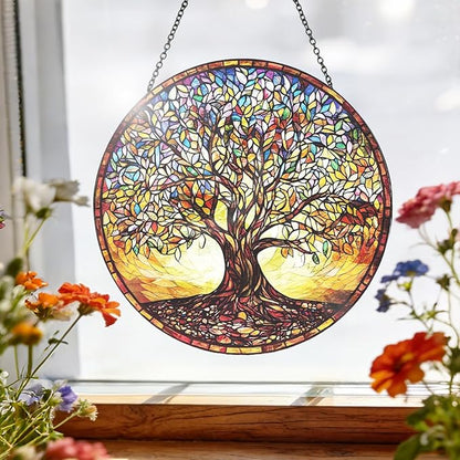 Stained Glass Window Hanging - Colorful Tree of Life Suncatcher with Metal Chain, Glass Panel Ornament for Home Window Wall Indoor Outdoor Decor Gift