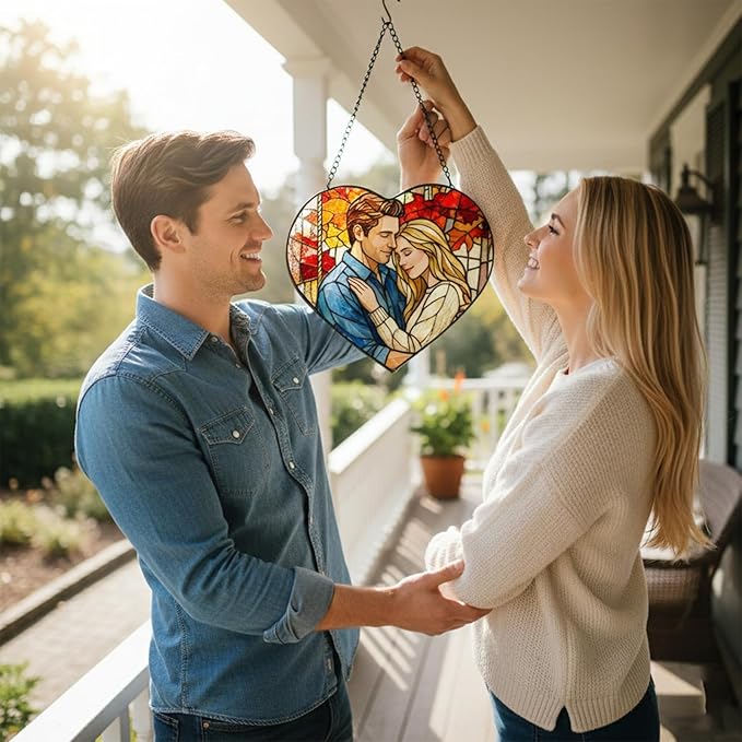 NAZENTI Custom Photo Stained Glass Suncatcher, Gifts for Valentine Birthday Anniversary, Personalized Couple Portrait Window Hanging for Him Husband Wife, Couple Keepsake Heart