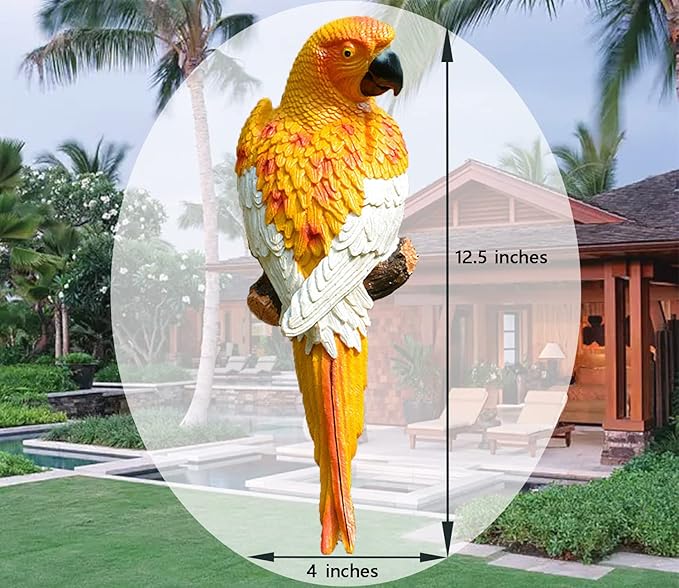 Large Parrot Decor Outdoor Tiki Bar Decorations Realistic Parrot Statues for Outside Lifelike Bird Fake Macaw Sculptures Garden Patio Yard Law Tropical Tree Wall Decoration(Yellow)