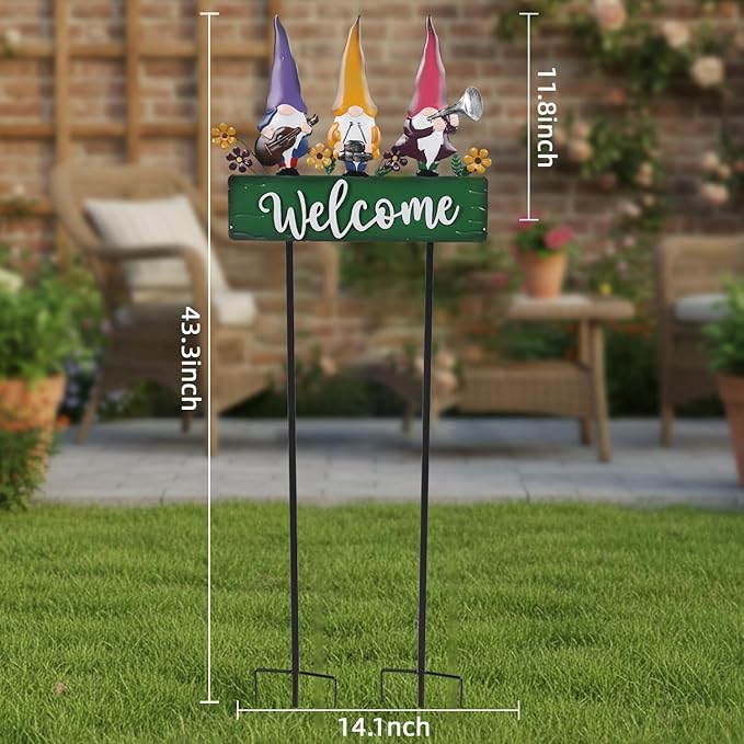 Spring Gnomes Decorations for Yard with Garden Welcome Sign, Large 43.3inch Musical Gnome Decorative Garden Stakes Metal Yard Art for Outdoor Lawn Decorations