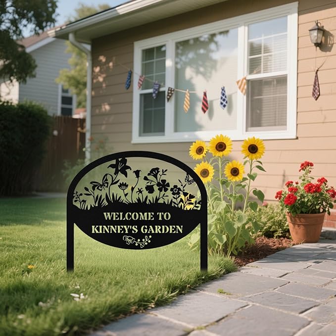 Personalized Metal Garden Signs with Stake, Custom Garden Signs for Outside Waterproof, Customized Name Sign Yard Lawn Gardens Decor Gardening Gifts for Moms Grandmas Gardeners