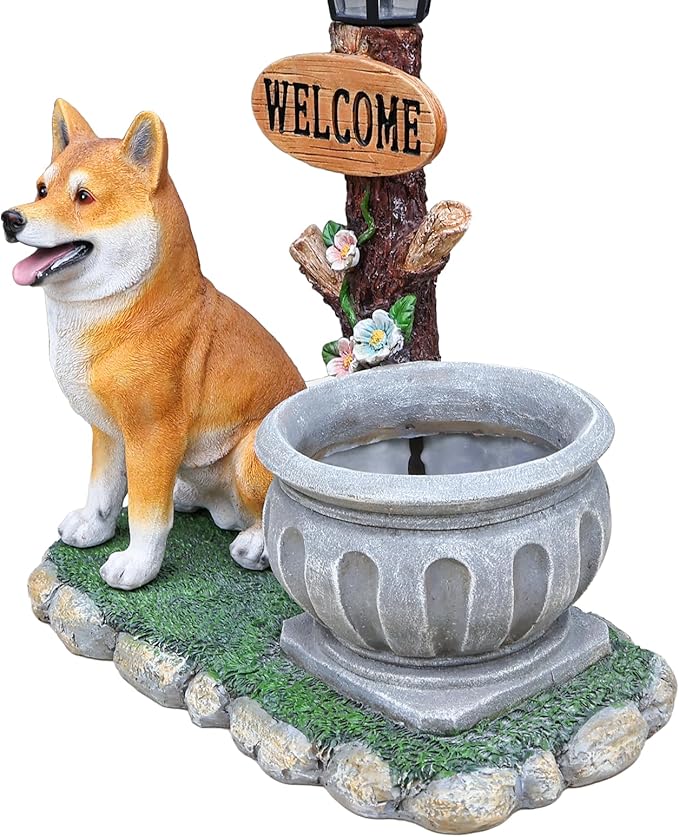 Solar Light Animal Outdoor Statue Planter with Welcome Sign, Resin Garden Sculpture Flower Pot for Patio Lawn Porch Yard Courtyard Decor, Weather-Resistant Decorative Figurine Accent (J)