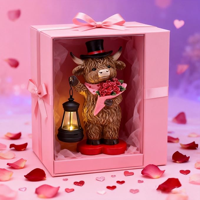 TERESA'S COLLECTIONS 8" Charming Highland Cow Garden Statue with Solar Lantern, Valentine's Day Resin Figurine Holding Roses and Wearing Top Hat, Weatherproof Outdoor Decor, Gifts for Cows Lover