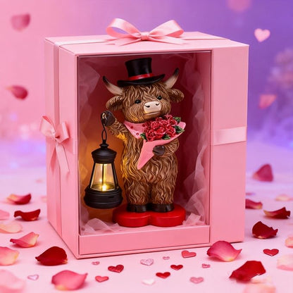 TERESA'S COLLECTIONS 8" Charming Highland Cow Garden Statue with Solar Lantern, Valentine's Day Resin Figurine Holding Roses and Wearing Top Hat, Weatherproof Outdoor Decor, Gifts for Cows Lover