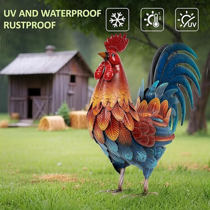 Kircust Metal Rooster Garden Ornament, Multi-Color Outdoor Yard Art Chicken Statue for Home Patio Lawn Backyard Farmhouse Kitchen