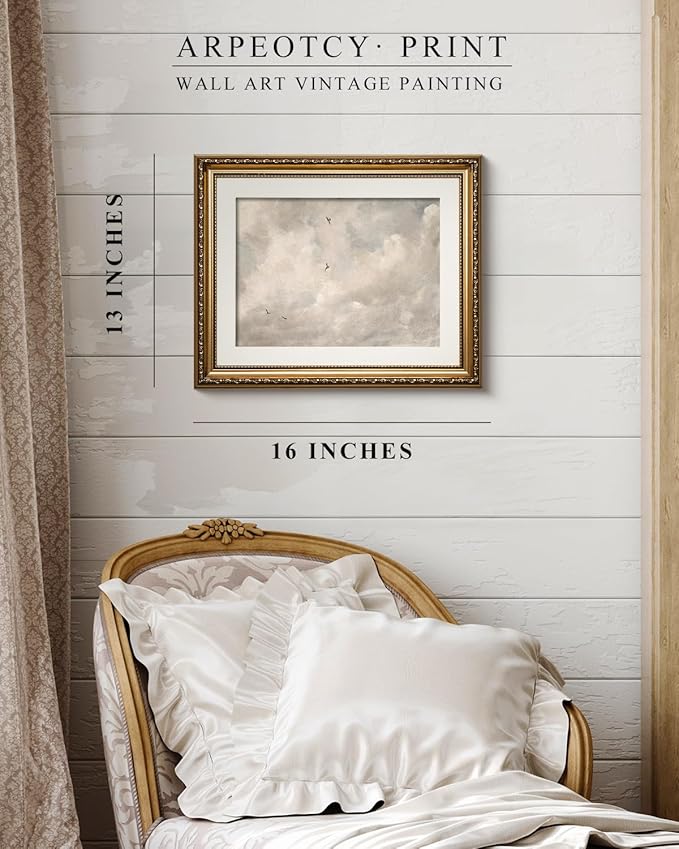 ARPEOTCY Vintage Gold Framed Wall Art, 13x16 inch Classic Sky Clouds Study Pictures Paintings, Vintage Room Decor, Wall Decor for Living Room Bedroom, Canvas Prints Antique Frame for Home Decoration