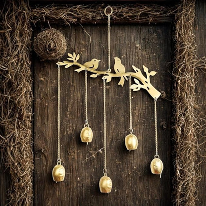 Decorative Door Hanging Metal Bird and Tree with Cow Bell Wall Wind Chime for Home Office Garden Indian Festival Traditional Decorations Return New Year Gifts Ideas(Size:- 21 Inches)(Golden)