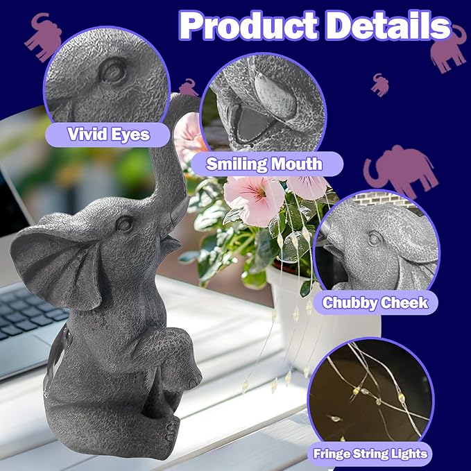 Solar Garden Decor Elephant Statue with LED String Lights, Waterproof Outdoor Decorative Elephant Figurine, Gardening Gifts for Women Mom Grandma, Unique Yard Art for Patio, Balcony, Lawn