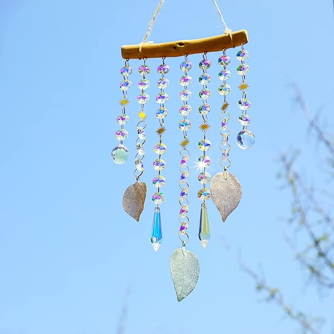HDCRYSTALGIFTS 13inch Hanging Window Suncatcher Rainbow Maker Glass Crystal Mobile Wind Chimes with AB Prisms & Natural Leaf Drops Sun Catcher Indoor Window Home Garden Decoration Gift