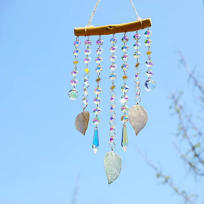 HDCRYSTALGIFTS 13inch Hanging Window Suncatcher Rainbow Maker Glass Crystal Mobile Wind Chimes with AB Prisms & Natural Leaf Drops Sun Catcher Indoor Window Home Garden Decoration Gift