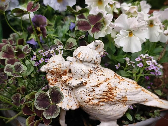 Cast Iron Fairy & Bird Garden Statue – Vintage Rustic Outdoor Decor, Heavy-Duty Metal Figurine for Patio Lawn Porch Flower Beds & Home Accents, Weather-Resistant Yard Ornament (White-A)