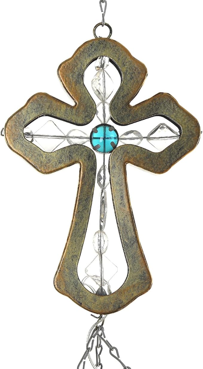 CEDAR HOME Solar Wind chime Unique Outdoor Indoor Hanging Mobile Bell WindChime Light Inspirational Religion Cross for Garden Lawn Yard Patio Waterproof Metal Glass Home Decor, 5.5"W x 3.5"D x 33"H