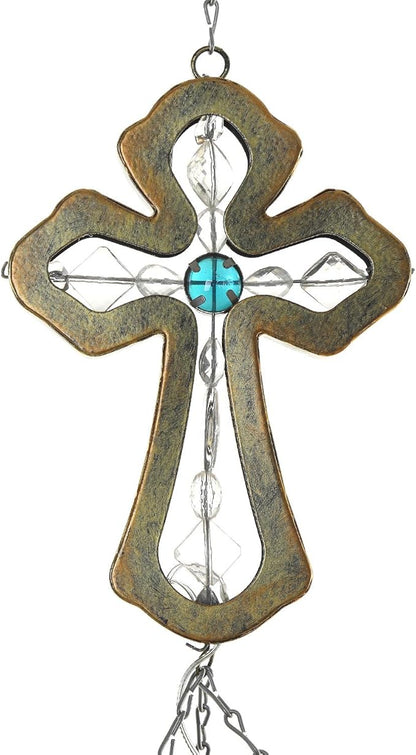 CEDAR HOME Solar Wind chime Unique Outdoor Indoor Hanging Mobile Bell WindChime Light Inspirational Religion Cross for Garden Lawn Yard Patio Waterproof Metal Glass Home Decor, 5.5"W x 3.5"D x 33"H