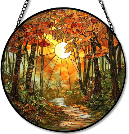 Stained Glass Window Hanging - Autumn Sunlight Through Woods 6.3in Sun Catchers Indoor Stained Glass Panels Wall Decor for Mom,Wife,Lovers,Festive