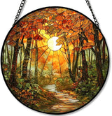 Stained Glass Window Hanging - Autumn Sunlight Through Woods 7.8in Sun Catchers Indoor Stained Glass Panels Wall Decor for Mom,Wife,Lovers,Festive