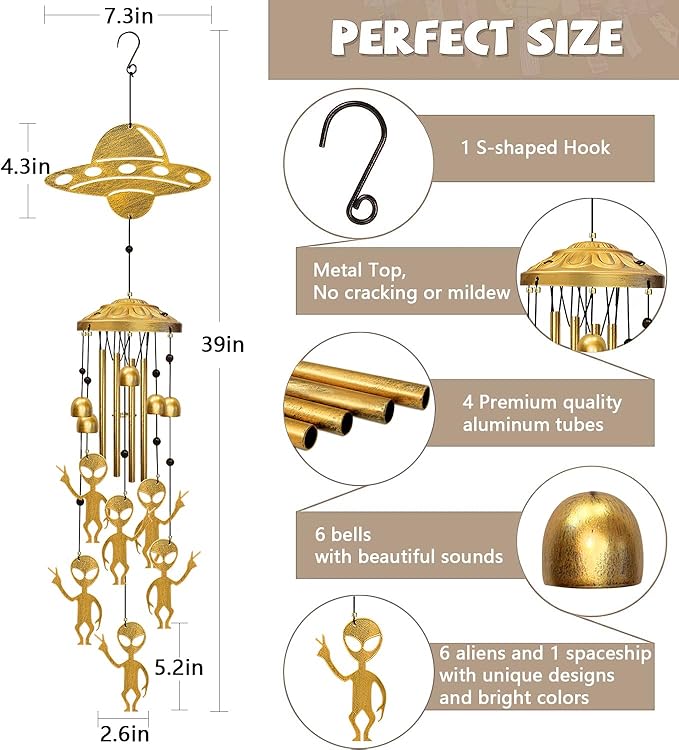 Alien Wind Chimes for Outside, Extraterrestrial UFO Windchimes Decor, Metal Saucerman Bell, UFOs & Aliens Wind Chime Yard Garden Decor Outdoor, Men/Women/Memorial/Housewarming/Birthday/Festival Gifts