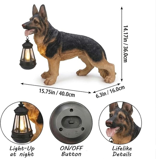 German Shepherd Garden Statue with Solar Lantern, Lifelike Dog Outdoor Decor with Interchangeable Welcome & On Patrol Sign, Waterproof Resin Animal Figurine for Porch, Yard, Patio, Dog Lover Gift