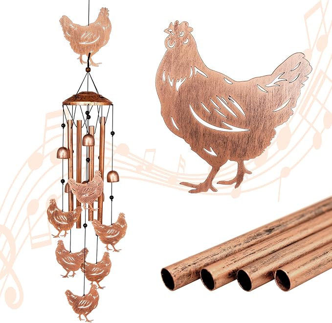 GDNSFIT Chicken Wind Chimes for Outside, Metal Windchimes Outdoors, Chicken Gifts for Women/Men, Memorial/Birthday Gifts, Garden Decor for Outside, Patio or Yard, Durable Chimes for Outdoors