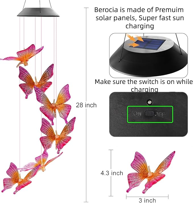 Solar Lights Outdoor Wind Chimes for Garden Yard Patio Porch Decor Hanging Butterfly Decorations, Birthday Gardening Gifts for Women