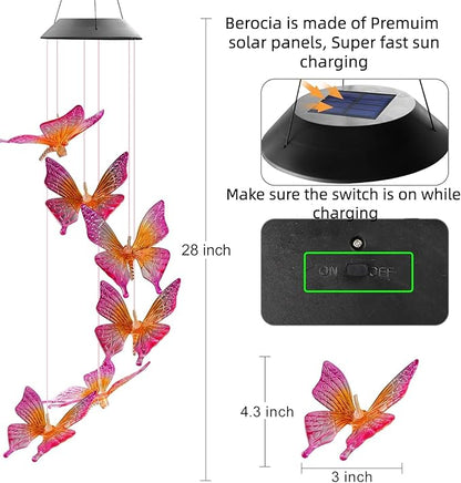 Solar Lights Outdoor Wind Chimes for Garden Yard Patio Porch Decor Hanging Butterfly Decorations, Birthday Gardening Gifts for Women