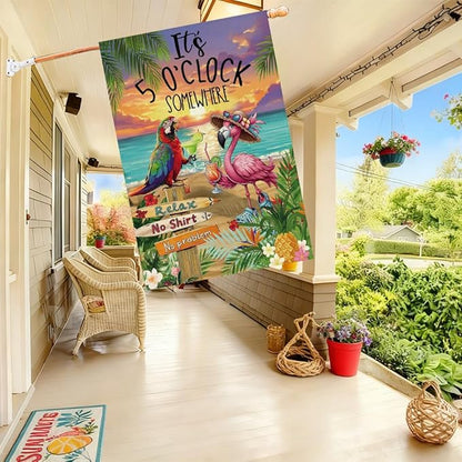 Baccessor Summer House Flag 28 x 40 Inch, Flamingo Its 5 O'Clock SOMEWHERE Double Sided Burlap Welcome Large Yard Flag Seasonal Holiday Lawn Proch Outdoor Outside Decor