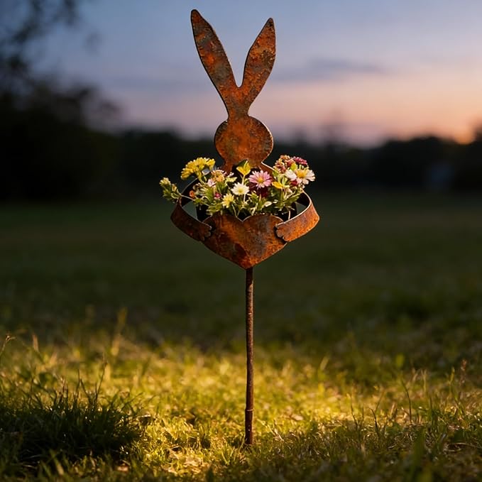 Easter Vintage Metal Rabbit Shaped Planter Garden Stake - Rustic Bunny Silhouette Garden Decor for Outdoor Garden Yard, for Celebrate Easter Outdoors (2pc)