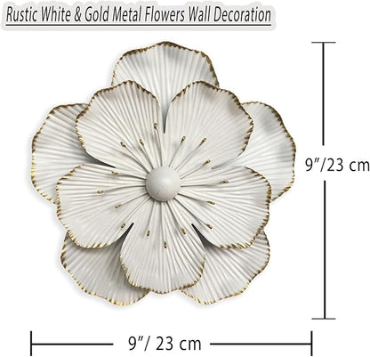 Metal Flower Wall Art Decor, 9" Rustic Modern Floral Sculpture, Distressed Iron Wall Hanging Home Decoration Accent Artworks for Indoor Kitchen Bedroom Living Office Outdoor Garden Patio (35B-White)