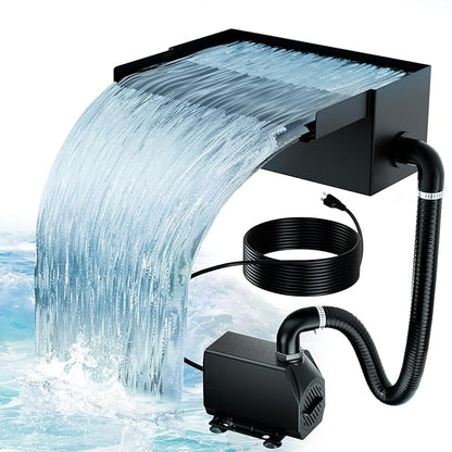 Biling 8 Inch Pond Waterfall Spillway Kit, 304 Stainless Steel Waterfall Box, 40W 660GPH Submersible Pump, 9.8FT Corrugated Tubing & Fittings, Adjustable Flow for Mini Pond & Patio Water Features