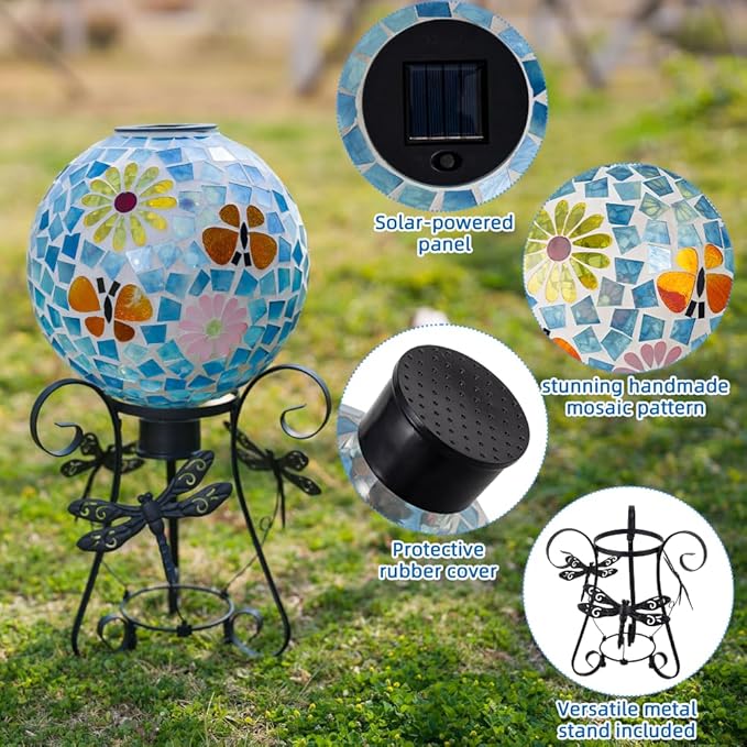 Stargarden Solar Gazing Ball, 10”Glass Gazing Globe, Mosaic Gazing Balls with Metal Ball Stand for Patio, Lawn, Garden Decor