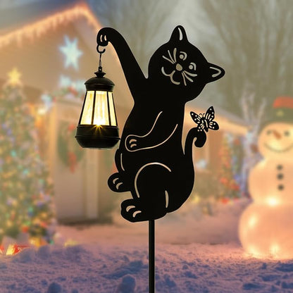 Solar Cute Cat Garden Stakes Outdoor Solar Decor Metal Cute Cat Holding Solar Lantern Decorative Garden Metal Flower Stakes Outdoor Cute Cat Silhouette Stakes