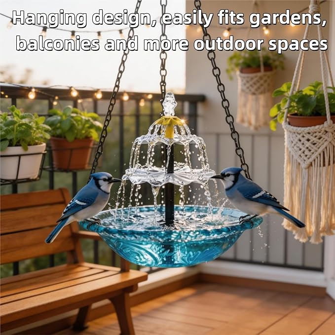 Hanging Solar Bird Bath Fountain, Solar Powered Cascading Outdoor Water Fountain, Hanging Bird Bath with Water for Outdoors Garden Patio Backyard Lawn Decor (Blue)