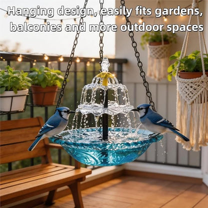 Hanging Solar Bird Bath Fountain, Solar Powered Cascading Outdoor Water Fountain, Hanging Bird Bath with Water for Outdoors Garden Patio Backyard Lawn Decor (Blue)