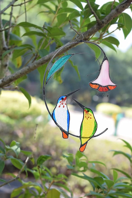 Lolitarcrafts Hummingbird with Flower Stained Glass Suncatcher Bird Stained Glass Window Hangings Hummingbird Gift for Home Decor (Green and Blue)