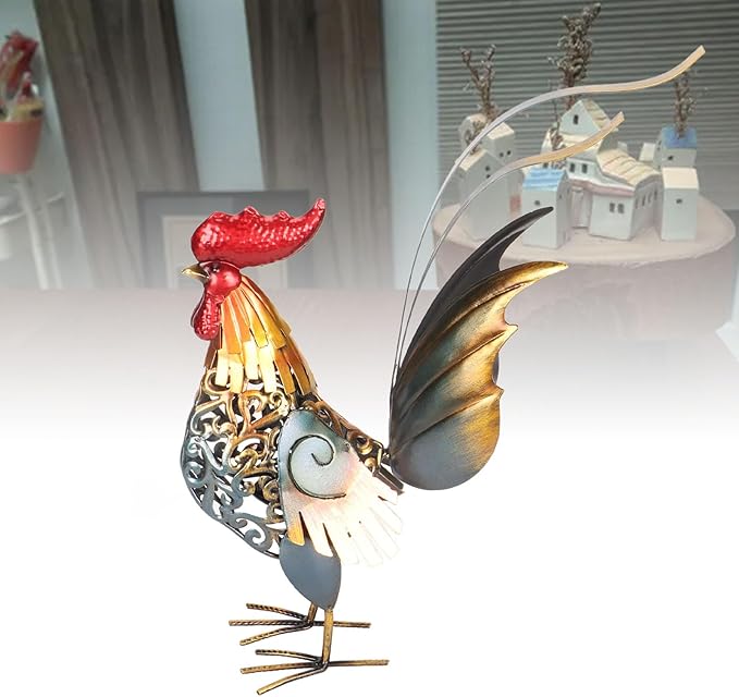 Decorative Iron Rooster Sculpture, Carved Metal Rooster Statue for Garden, Deck, Home, & Friendly, Hollow Design & Detachable Tail, Versatile Indoor Outdoor Decoration,